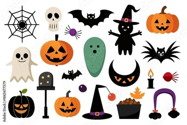 Fototapeta Halloween icons and symbols set featuring pumpkins, ghosts, bats, witches, spiders, and skulls, isolated on white background
