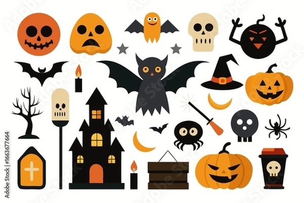 Fototapeta Collection of halloween icons and symbols including pumpkins, ghosts, bats, skulls, witches hats, haunted houses, and spiders, isolated on white background