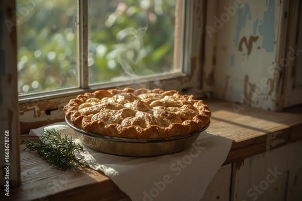 Fototapeta Rustic apple pie cooling windowsill autumn