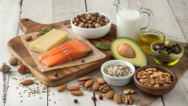 Fototapeta Healthy fats and protein sources for a balanced diet