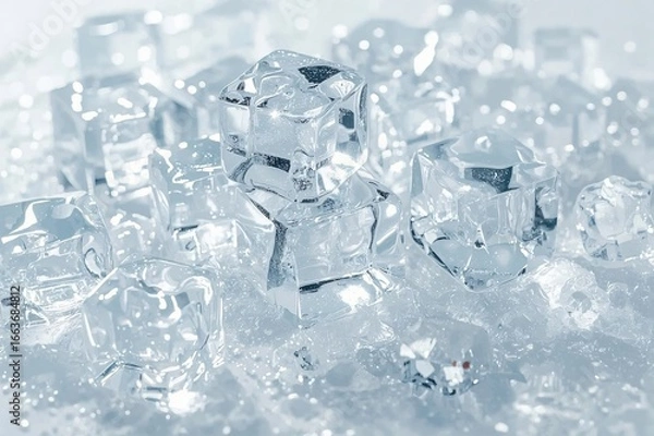 Fototapeta Sparkling ice cubes on white background, refreshing drink concept