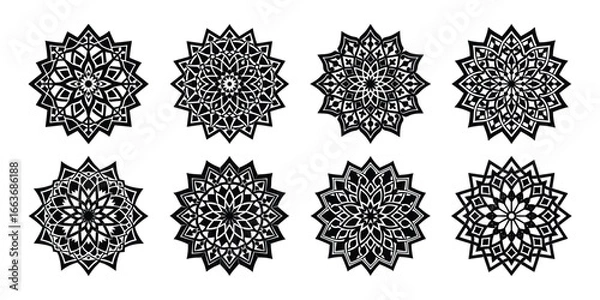 Fototapeta Collection of eight intricate mandala designs isolated on white background, showcasing geometric and floral patterns for various decorative applications