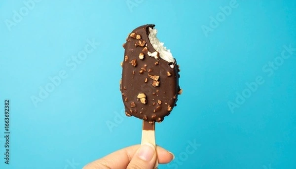 Fototapeta Close-up of a person holding a chocolate-covered ice cream bar with nuts, bitten into, against a vibrant blue background, refreshing summer treat
