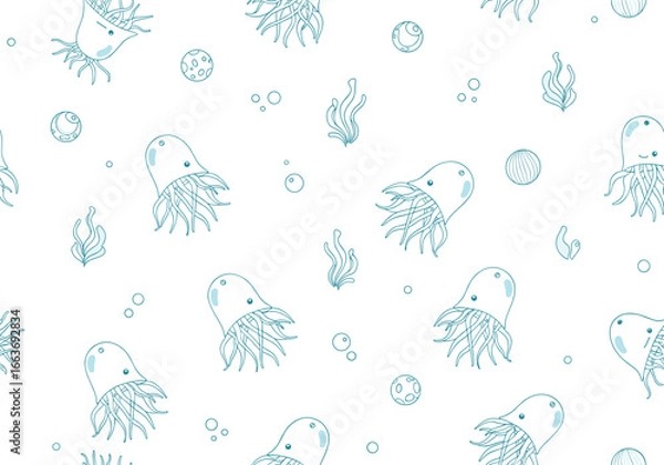 Fototapeta Charming hand drawn ocean creatures and bubbles under the sea fabric