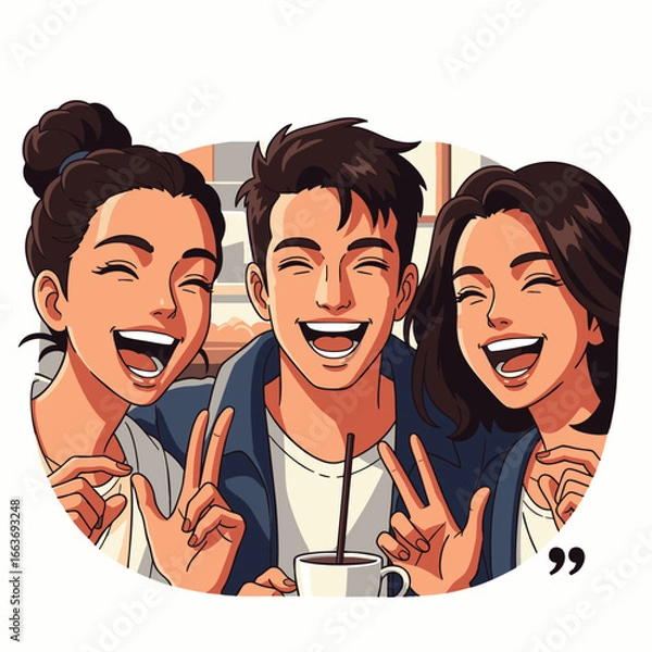 Obraz Three diverse friends share genuine laughter and true connections in a modern coffee shop, embodying urban lifestyle and community happiness.