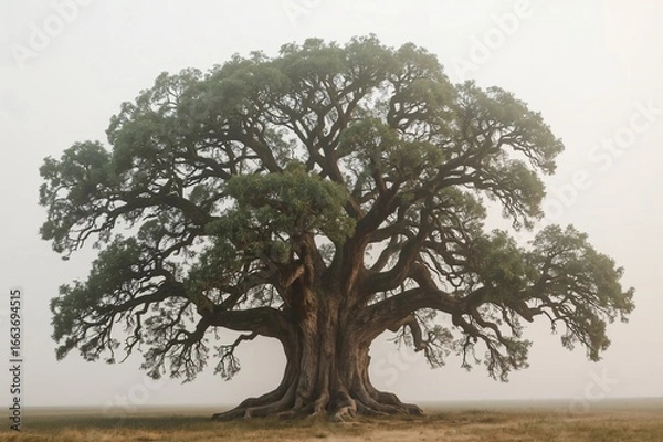 Fototapeta Ancient tree, foggy field, sunrise, nature, serenity, calm