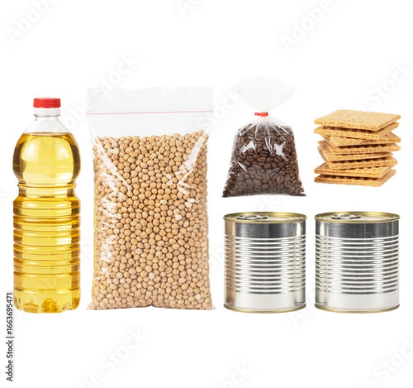 Fototapeta Pantry Essentials A Selection of Non Perishable Food Items for Emergency Preparedness and Long Term Storage isolated on a transparent background.