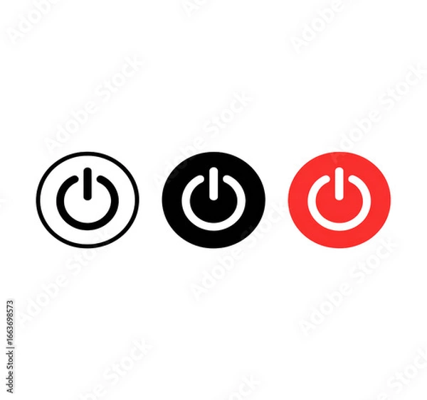 Fototapeta Power button icons depicting different states on off and outline symbols for web design isolated on a transparent background.