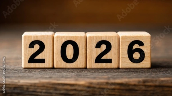 Fototapeta A wooden block with the numbers 2026 on it