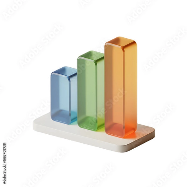 Fototapeta Abstract 3D Bar Graph Representation of Business Growth and Financial Data Analysis with Colorful Transparent Columns on White Platform and Black Background