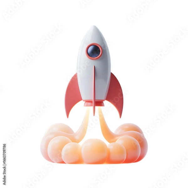 Fototapeta Cartoon Rocket Launching into Space with Cloud Trail Symbolizing Innovation and Technological Advancement on Black Background