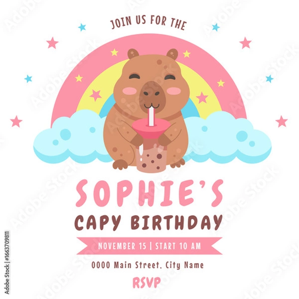 Obraz Birthday invitation design with capybara drinking bubble tea and rainbow
