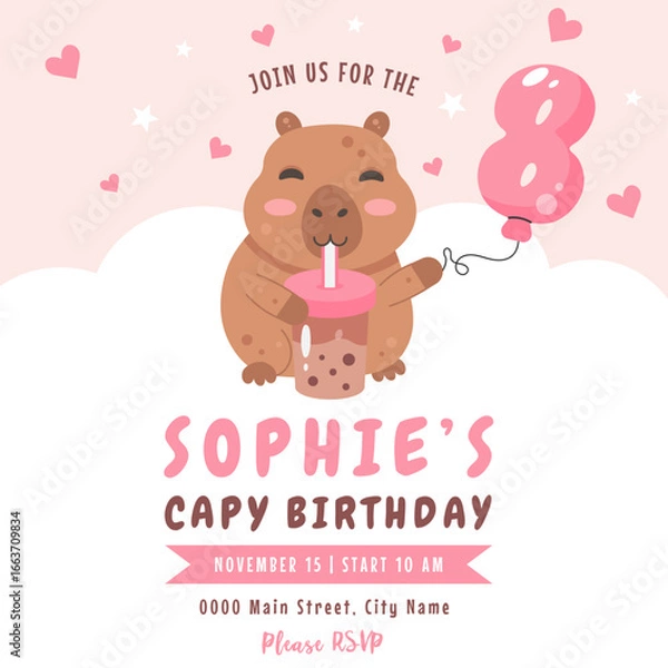 Fototapeta Birthday invitation design with capybara, number 8 balloon and bubble tea