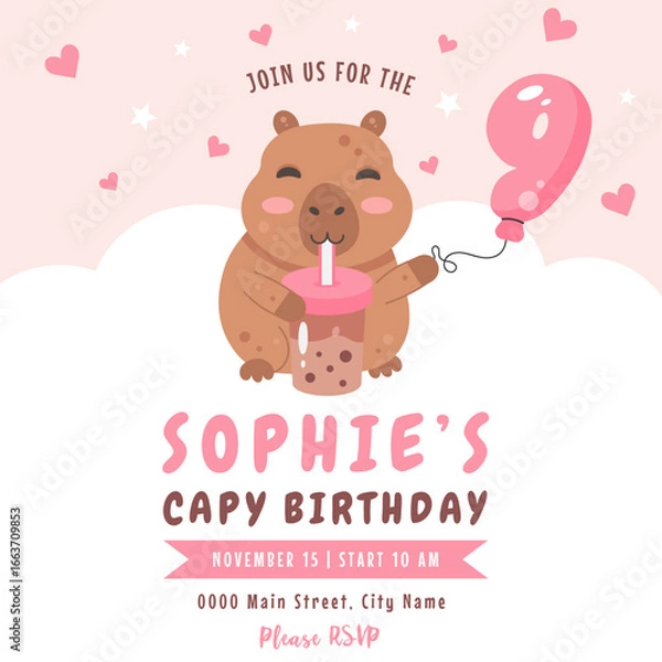 Fototapeta Birthday invitation design with capybara, number 1 balloon and bubble tea