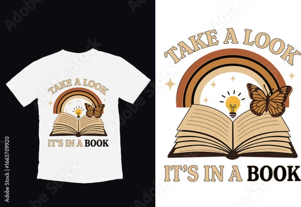 Fototapeta Inspirational Book Lover T Shirt Design Open Book with Butterfly, Rainbow and Light Bulb Reading Graphic