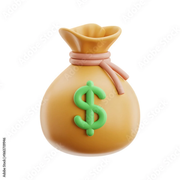 Fototapeta Cartoon Money Bag with Dollar Symbol for Financial Savings and Investment on Black Background 3D Rendering