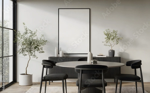 Fototapeta Modern dining room with a round table, chairs, and blank frame for art, perfect for interior design inspiration and home decor ideas