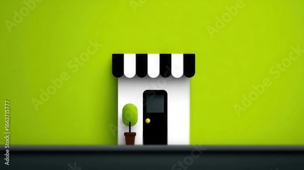 Fototapeta A small white and black store front with a green background
