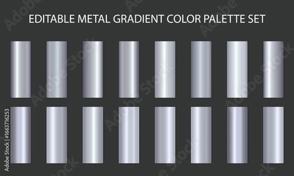 Fototapeta "Metal Color Palette Set, Collection of Silver & Chrome Metallic Gradient, Premium Metallic Silver Gradient Stripes, Brilliant Plates with Silver Effect, Vector Illustration of Silver.