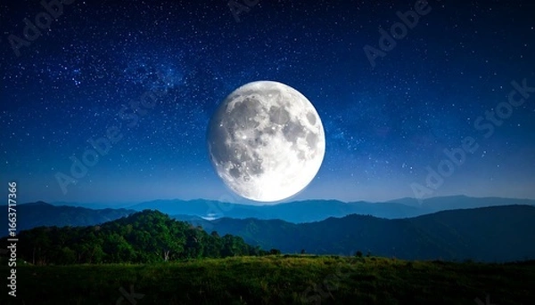 Fototapeta A serene night landscape featuring a large, luminous moon, and a vast mountain range stretching beneath a starry sky.