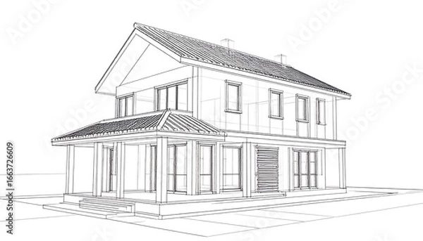 Fototapeta Detailed architectural sketch of a two-story home with a covered porch.