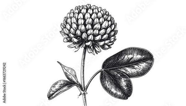 Fototapeta Detailed botanical illustration of a clover flower and leaves, presented in a fine line drawing style against a plain white backdrop.