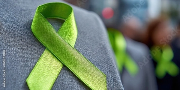 Fototapeta supporting a cause, sharp focus on the bright green ribbon pinned to a fabric, with blurred background of people wearing similar ribbons