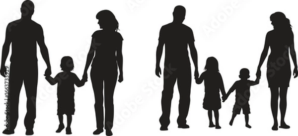 Fototapeta Parents walking with their children silhouette vector set. children, different poses and interactions, walking and holding hands, isolated on white background