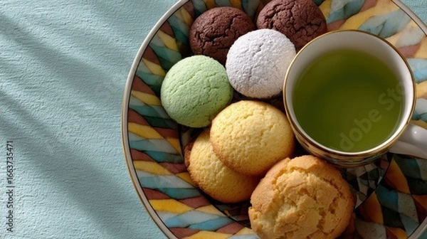 Fototapeta tea party styling, artistically arranged flat lay of various tea-time pastries, mini cupcakes, and biscuits with tea, enhanced with grunge effects and imperfect paper texture