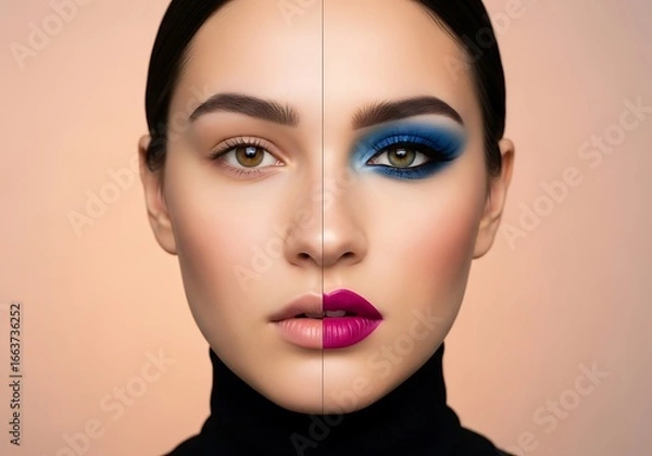 Obraz Womans Face Makeup Transformation, Divided, Bold Colors.