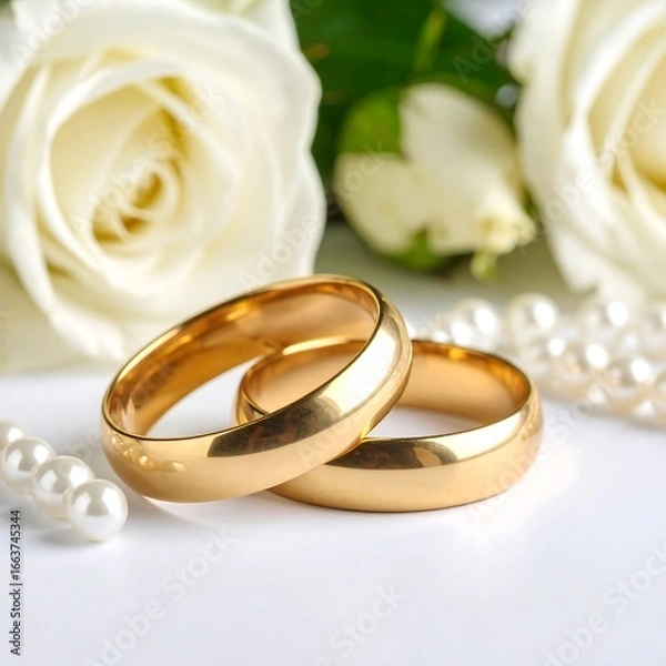 Obraz Elegant wedding rings with roses and pearls