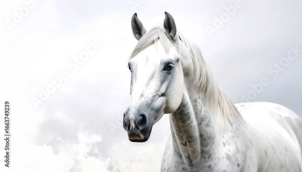 Obraz Elegant white horse portrait against cloudy sky