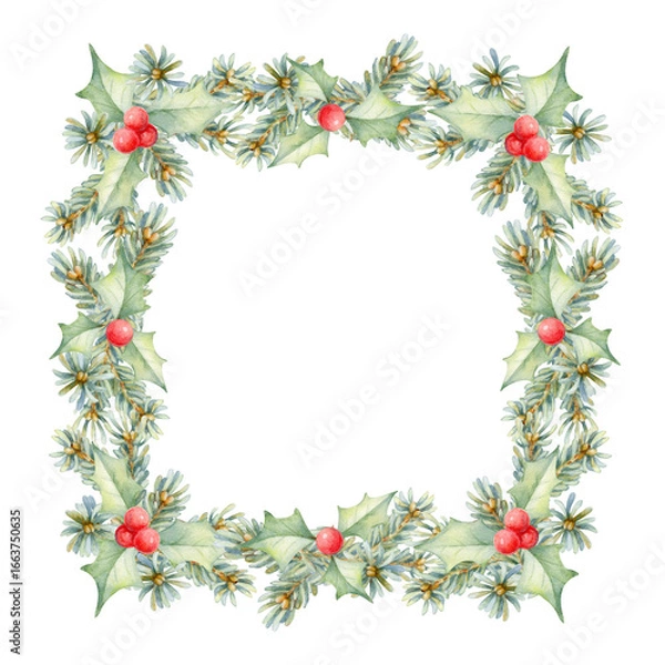 Fototapeta Frame with holly leaves, berries and pine branches on a white background with space for an inscription. Hand-drawn watercolor illustration for Christmas and winter designs, invitations and cards