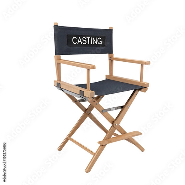 Obraz A wooden casting director chair with a black canvas seat and backrest, labeled 'CASTING'. The chair is positioned against a plain black background.