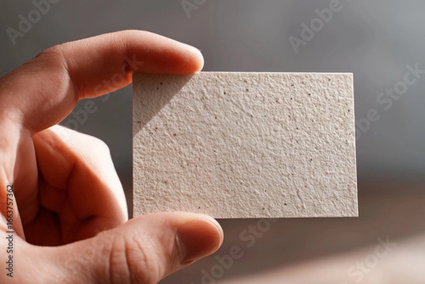 Fototapeta Custom blank business card held by a person in a well-lit room showcasing its texture and simplicity