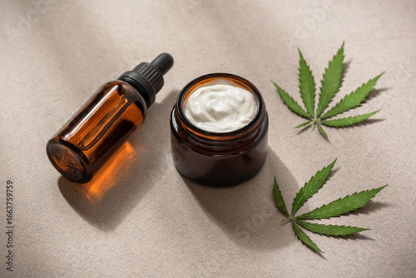 Fototapeta Face cream with cannabis and oil serum in an amber dropper bottle. THC tincture, CBD oil and hemp leaves on a beige paper background