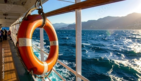 Fototapeta A bright orange life preserver hangs on a ship's railing, overlooking a vibrant blue sea and distant mountains.