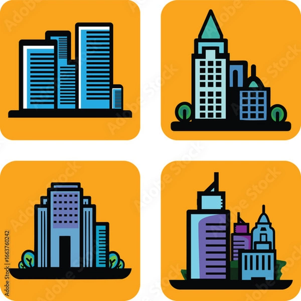 Obraz Stylish city skyline vector set featuring skyscrapers, office towers, and modern urban buildings. Perfect for web, app, logo, real estate, and architectural design projects.