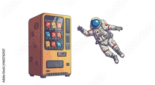Fototapeta Astronaut floating near snack machine in humorous space scene