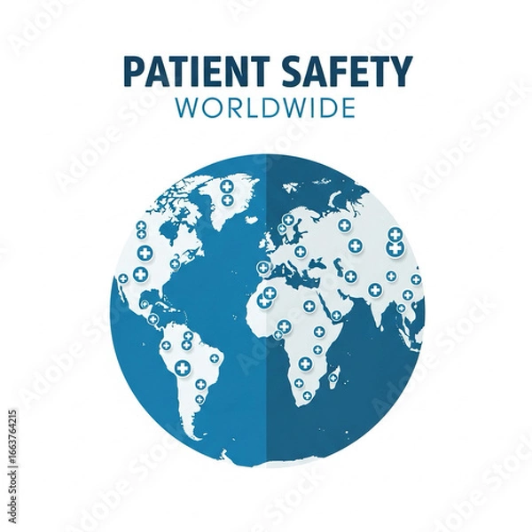 Fototapeta Flat vector globe with medical cross icons, text “Patient Safety Worldwide”.