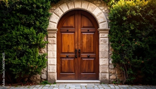 Obraz Elegant wooden archway door in a stone wall