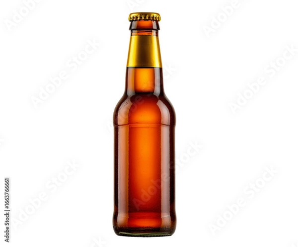 Fototapeta Amber beer bottle for celebration and refreshment on a transparent background, cut out