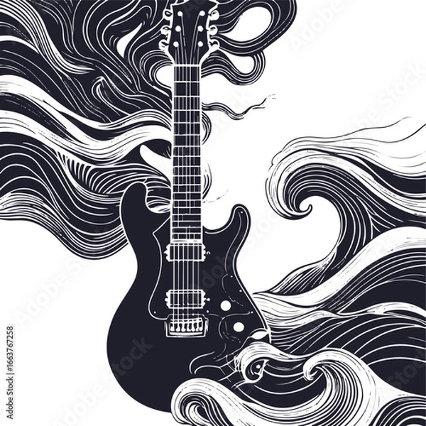 Fototapeta Line art of a guitar where strings transform into wave patterns, bold smooth outline 2