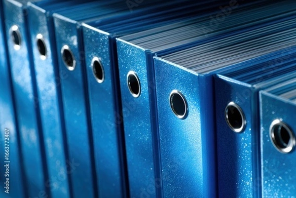 Fototapeta Detailed View of Blue Office Binders in a Neat Row on a Steel Shelf