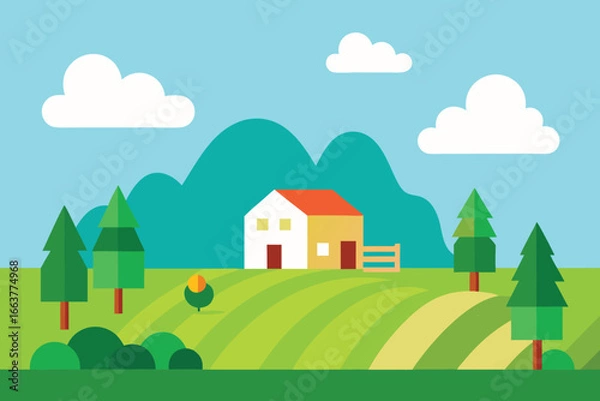 Fototapeta Idyllic countryside landscape featuring a charming house nestled amidst rolling green hills, with trees and clouds under a clear blue sky