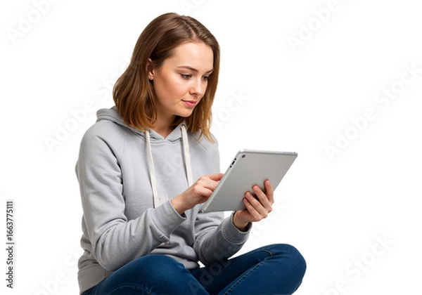 Fototapeta Young woman using tablet device for communication and entertainment at home