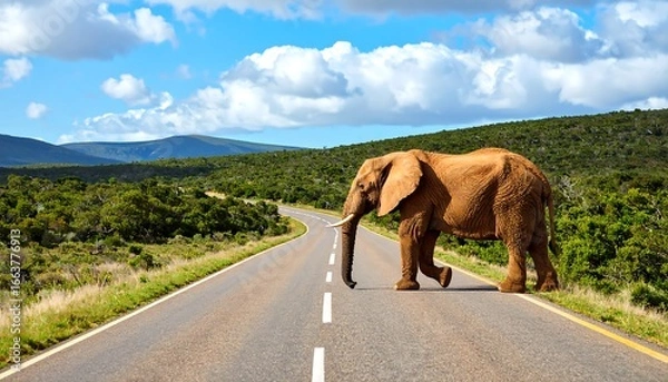Obraz Elephant on a road, beautiful landscape