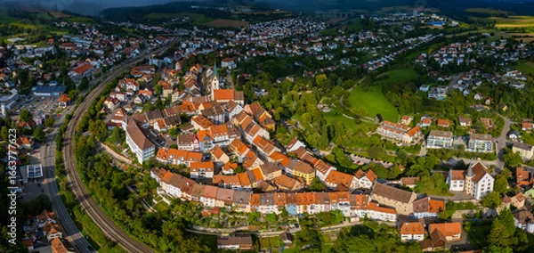 Fototapeta Aerial view around the old town of the city Engen in Germany on am overcast noon in summer.	
