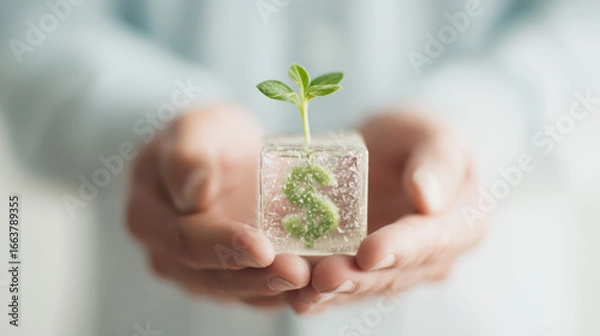 Fototapeta A person holds an ice cube with a dollar sign and a small plant inside, symbolizing growth and investment in sustainability.
