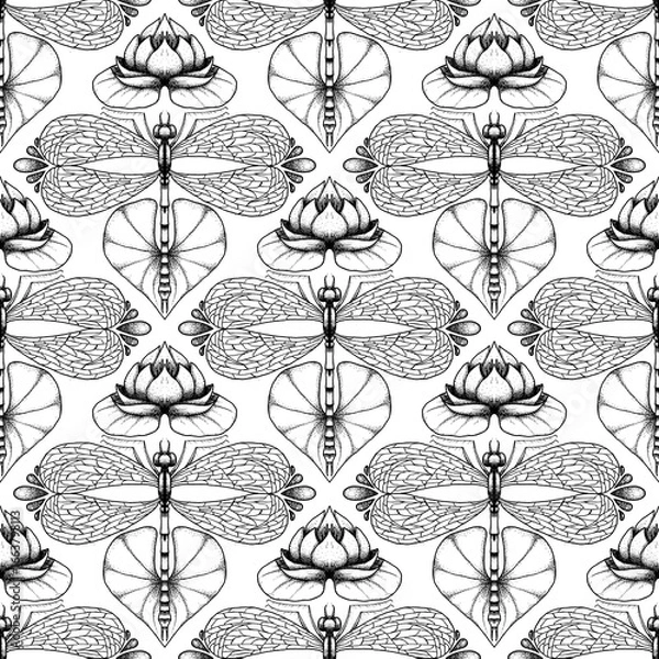 Fototapeta seamless pattern. Lilies and gragonfly